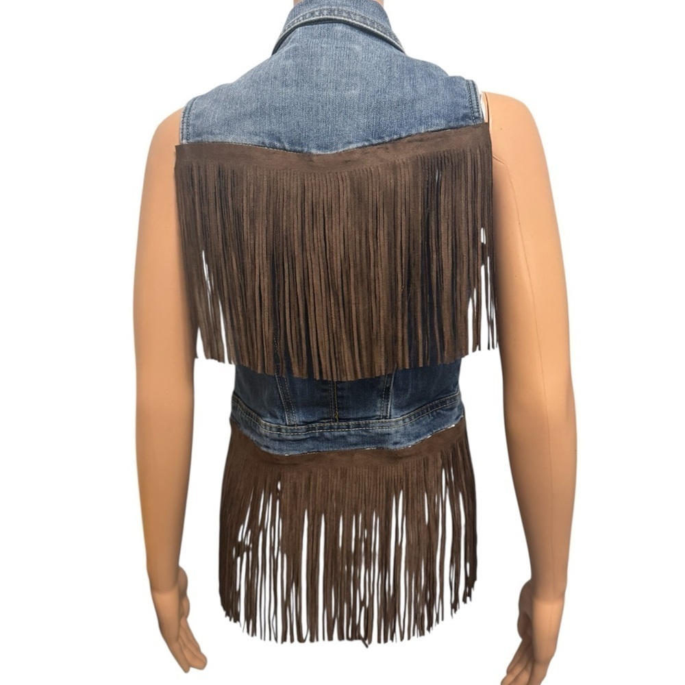 Blue Denim Vest Upcycle Western Brown Fringe- Size Small